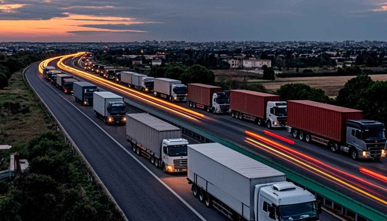 Aerial view of cargo trucks on an Indian expressway at twilight